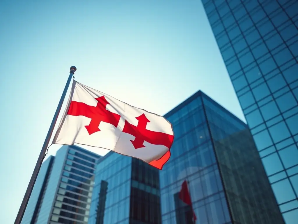 A photograph of the Georgian flag waving in front of modern office buildings in Tbilisi, symbolizing the country's business-friendly environment.