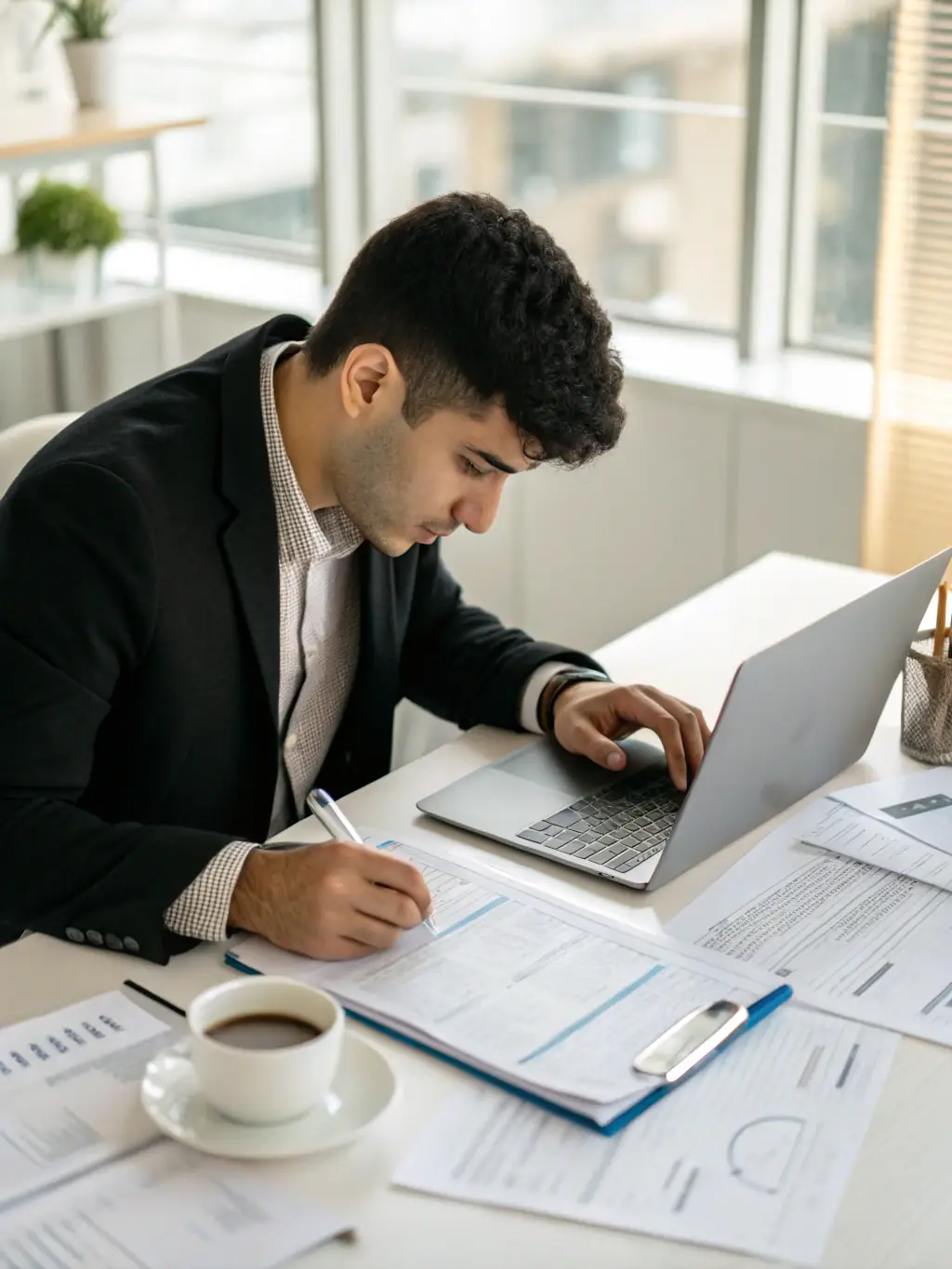 An Italian accountant reviewing financial documents with a laptop, with Georgia's map subtly displayed in the background, emphasizing tax benefits.
