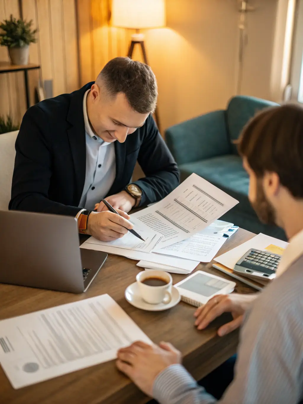 A professional consultant guiding an Italian client through the business registration process in Georgia, with official documents and a laptop on the table, both smiling and collaborative.