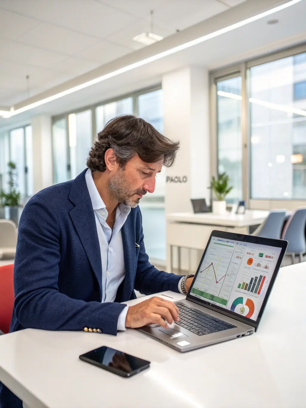 A professional Italian entrepreneur in Georgia, smiling confidently while reviewing financial documents in a modern office setting, symbolizing success and financial expertise.
