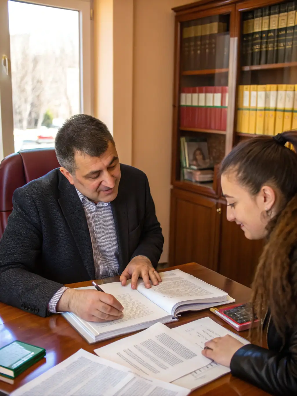 A lawyer in Georgia, advising an Italian client on legal matters and banking support, emphasizing trust and professional guidance.
