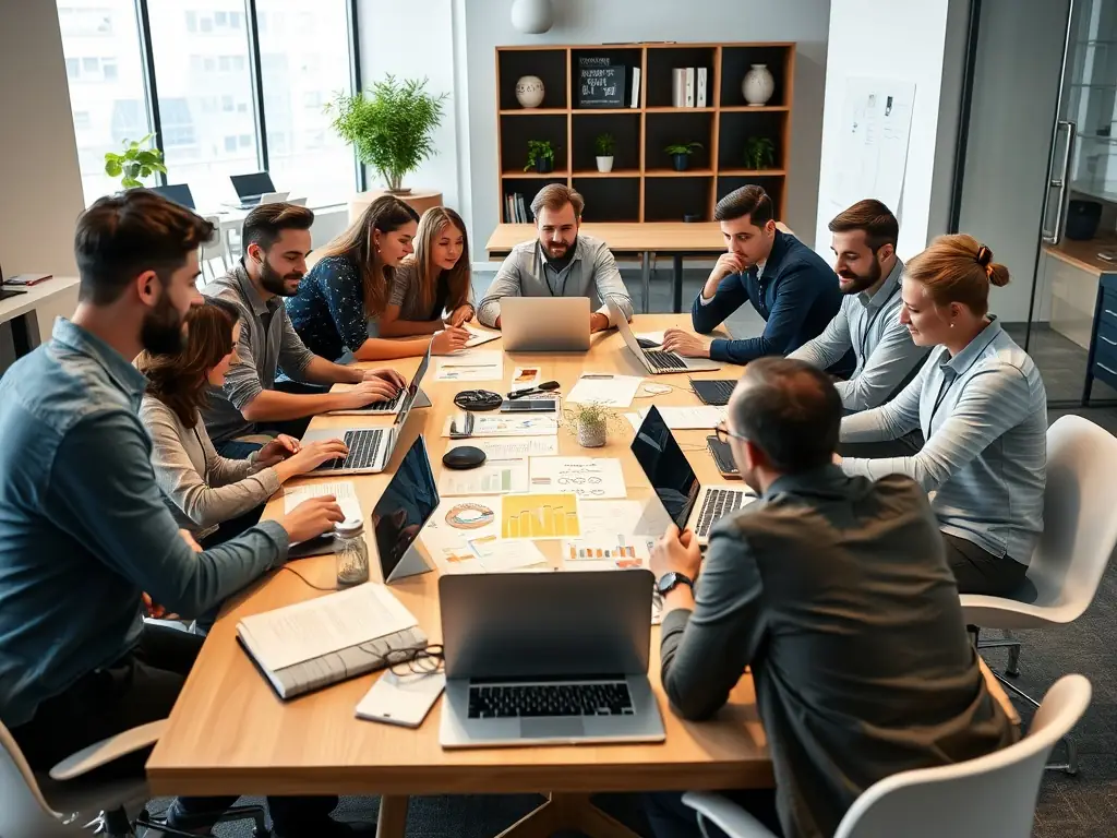 A picture of a modern office space in Tbilisi, Georgia, with Italian entrepreneurs working collaboratively, showcasing the ease of doing business.